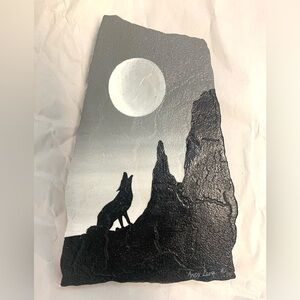 Moonlit Wolf Silhouette Art‎ on Slate by Artist Andy Luna, Original Signed